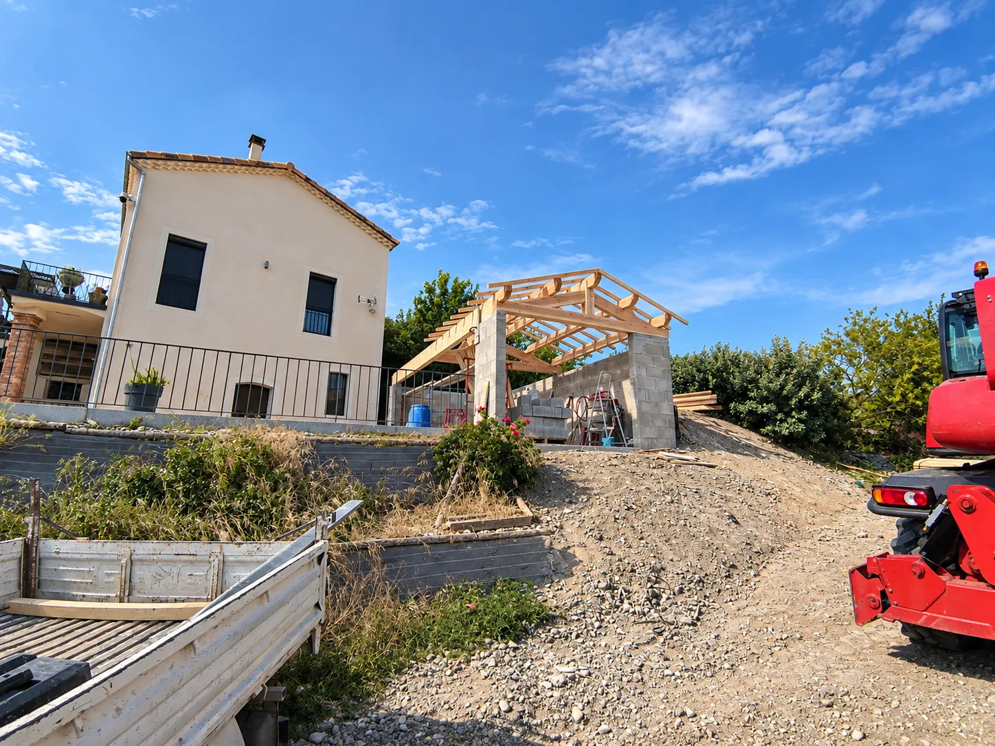 Hangar en cours de montage : murs en agglos et charpente bois posée